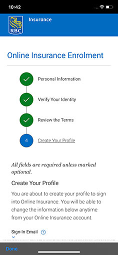 Step 4 of Online Insurance Enrolment: Create Your Profile screen