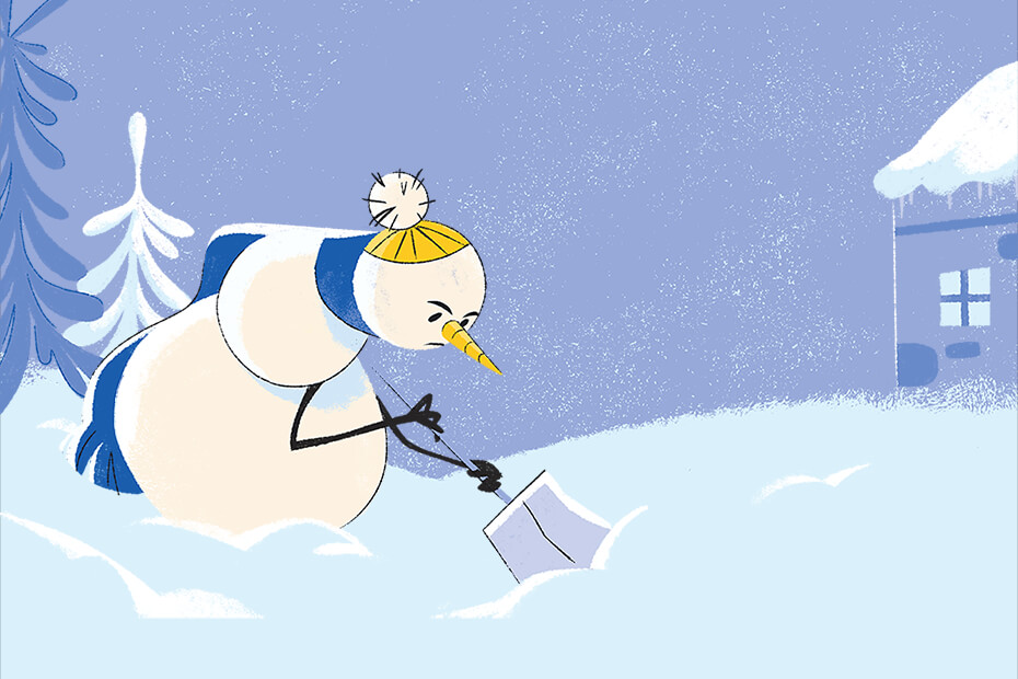 Cartoon illustration of a snowman shoveling snow.