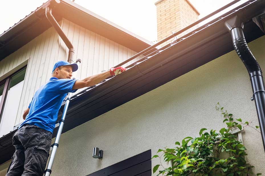 Man cleaning the gutters on a house.