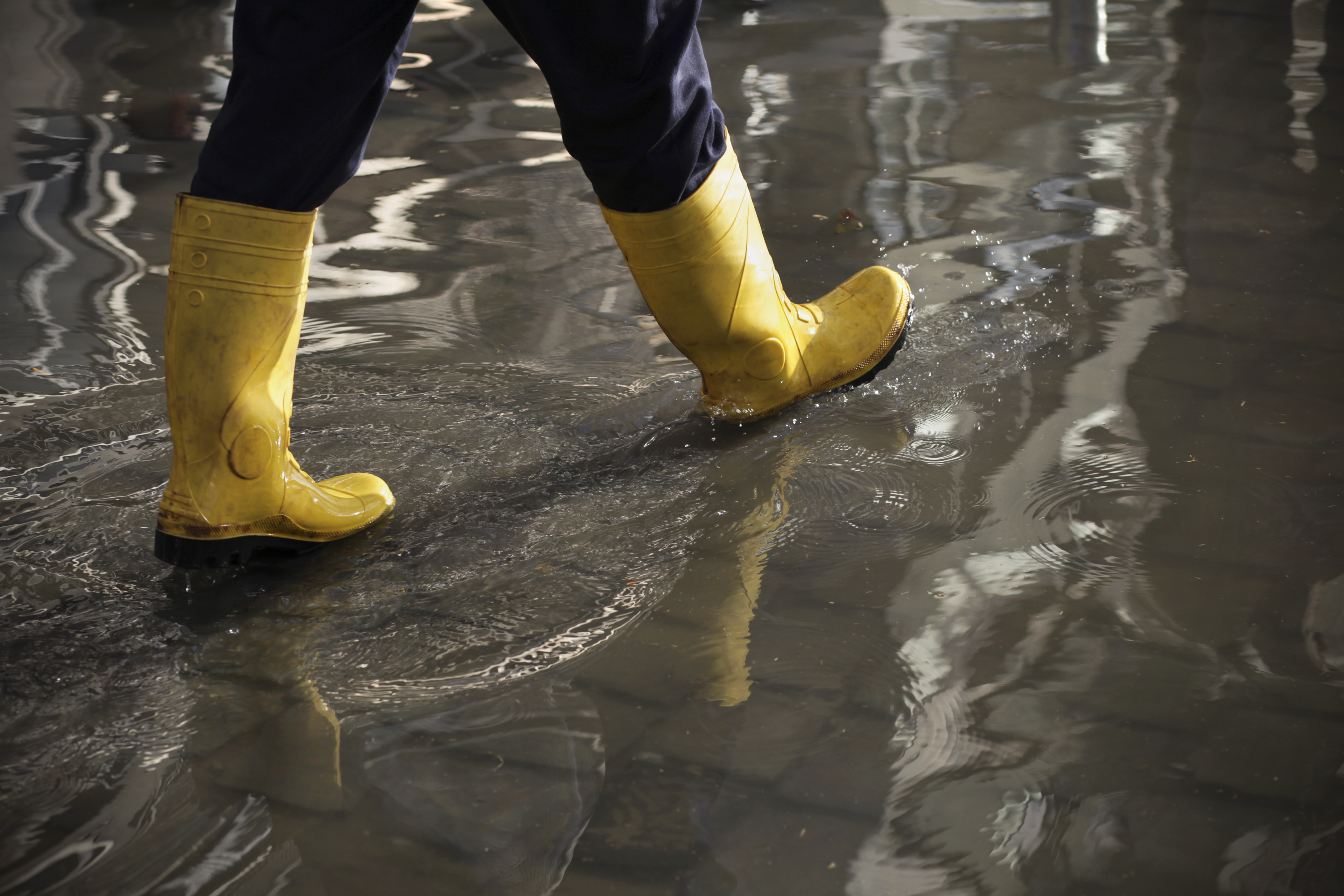 Walking in water wearing yellow rain boots