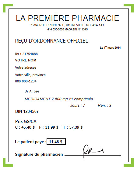 Exemple de reçu de médicament sur ordonnance. Certains renseignements sont évidents, comme les coordonnées de la pharmacie, le nom du médecin ayant rédigé l’ordonnance et le nom du médicament.