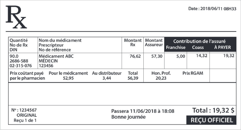 Image du reçu montrant des informations telles que les détails de la pharmacie, les noms du prescripteur (médecin) et le nom du médicament.