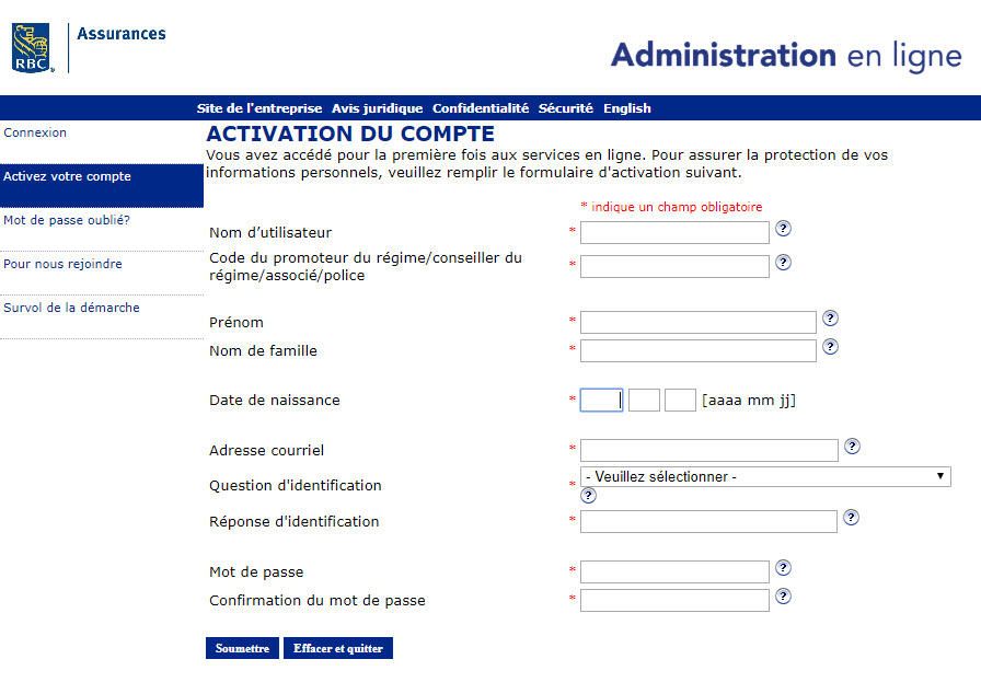 Exemple d'image de capture d'écran de l'activation de compte pour l'administration en ligne montrant le formulaire pour saisir le nom d'utilisateur, le code de parrain du plan, certains détails personnels, une question et une réponse de défi et un mot de passe
