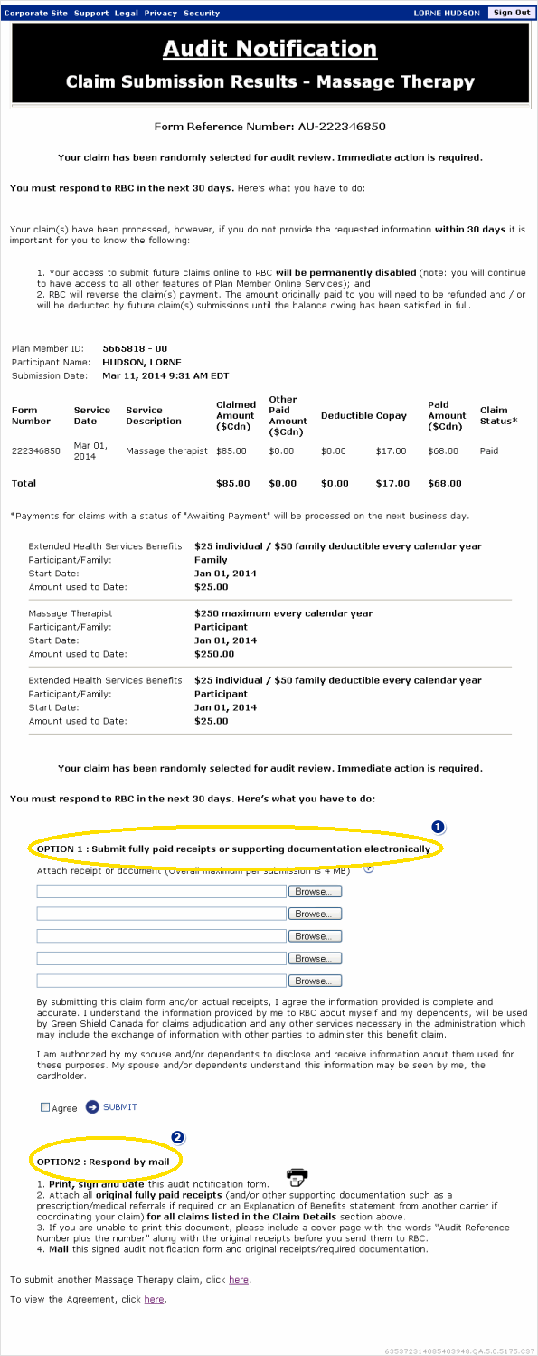 Exemple de capture d'écran de la page indiquant où trouver OPTION 1 - Répondre électroniquement marqué 1 et OPTION 2 - Répondre par courrier marqué 2