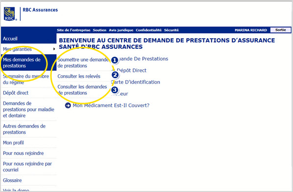 Exemple de capture d'écran indiquant où Mes réclamations est marquée 1, Soumettre une réclamation marquée 2, Consultation des relevés marquée 3