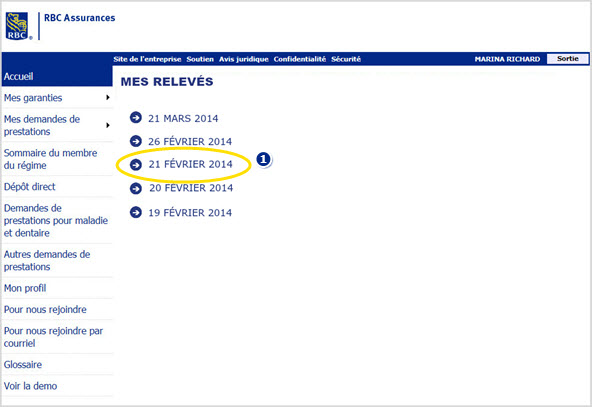 Exemple de capture d'écran Vous devez ensuite choisir la période de règlement 1 que vous aimeriez consulter.