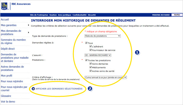 Exemple de capture d'écran Sélectionnez les critères marque 1 de votre recherche, puis cliquez sur AFFICHER LES RENSEIGNEMENTS SUR LES DEMANDES DE RÈGLEMENT. marque 2