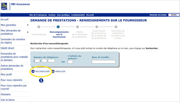 Exemple de capture d'écran de la page indiquant où Recherchez est marqué 1