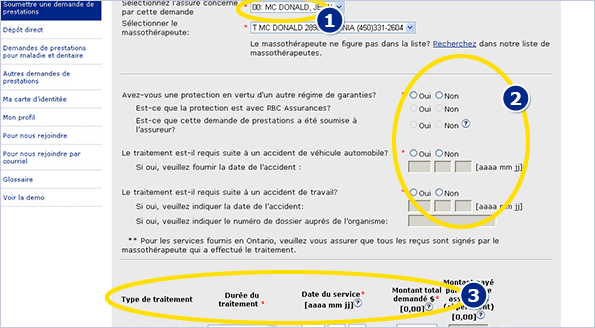 Exemple de capture d'écran Sélectionnez le fournisseur de services 1 pour lequel vous demandez, répondez à quelques questions 2 et fournissez des détails sur le service fourni.