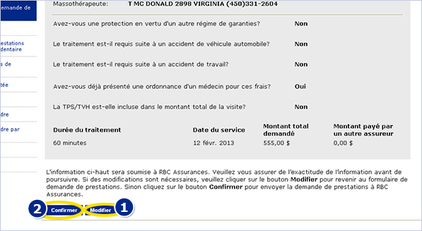 Exemple de capture d'écran de la page indiquant où trouver CONFIRMER marqué 1 et MODIFIER marqué 2
