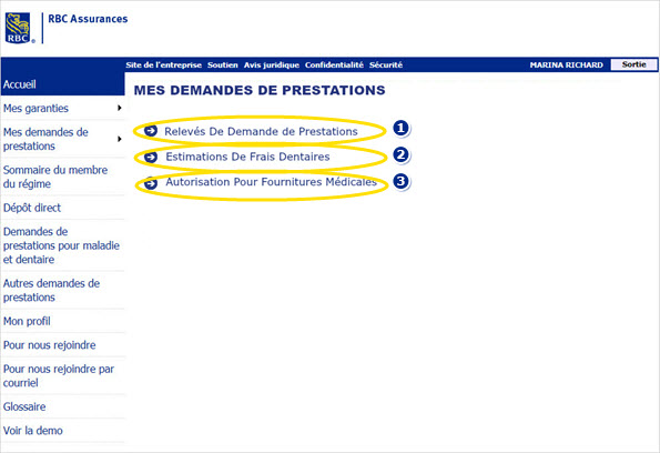 Exemple de capture d'écran de la page indiquant où trouver Relevés de demande de règlement marqué 1, Estimations de frais dentaires marqué 2, Autorisation pour fournitures médicales marqué 3