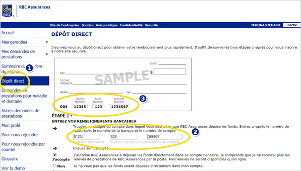 Exemple de capture d'écran de la page indiquant où trouver le dépôt direct marqué 1, numéro de banque et votre numéro de compte marqué 2 et L'exemple de formule de chèque marqué 3