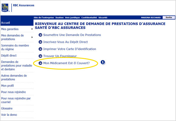 Exemple de capture d'écran de la page d'accueil, sélectionnez le lien Mes médicaments sont-ils couverts? marqué 1