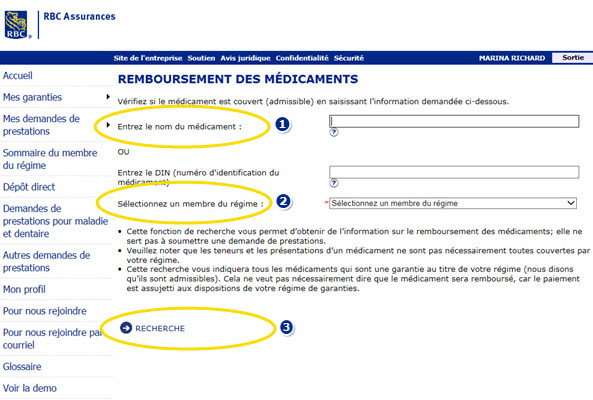 Exemple de capture d'écran montrant où saisir le nom du médicament ou le numéro d'identification du médicament (DIN) marqué, un plan marqué 2 et Rechercher marqué 3