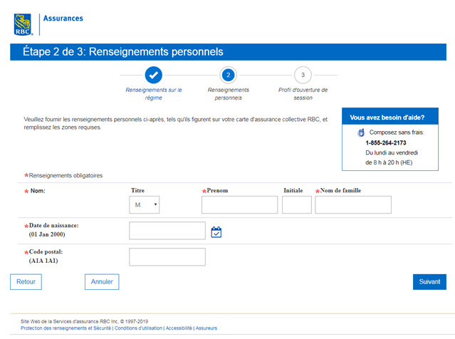 Exemple de capture d'écran montrant l'étape 2 sur 3, où au cours de ce processus, vous devrez fournir des informations personnelles, telles que votre nom, votre date de naissance et votre code postal pour créer votre profil en ligne.