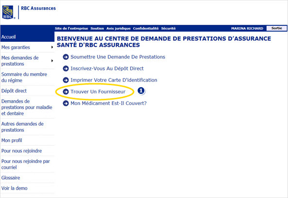 Exemple de capture d'écran de la page d'accueil, indiquant où sélectionner le lien Trouver un fournisseur marqué 1