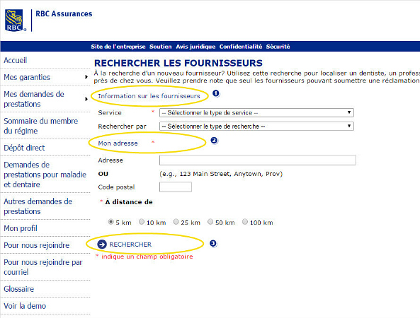 Exemple de capture d'écran indiquant où sélectionnez le type de service et vos critères de recherche marqués 1, Ma position marquée 2 et le bouton Rechercher
