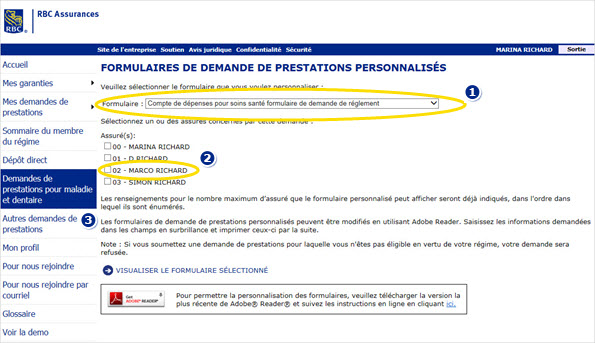 Exemple de capture d'écran Vous pouvez créer une formule personnalisée pour une demande de règlement de frais médicaux et dentaires en sélectionnant le type de formule marque 1, dont vous avez besoin , et le nom de la personne pour laquelle la demande est présentée marque 2 et Autres formules marque 3