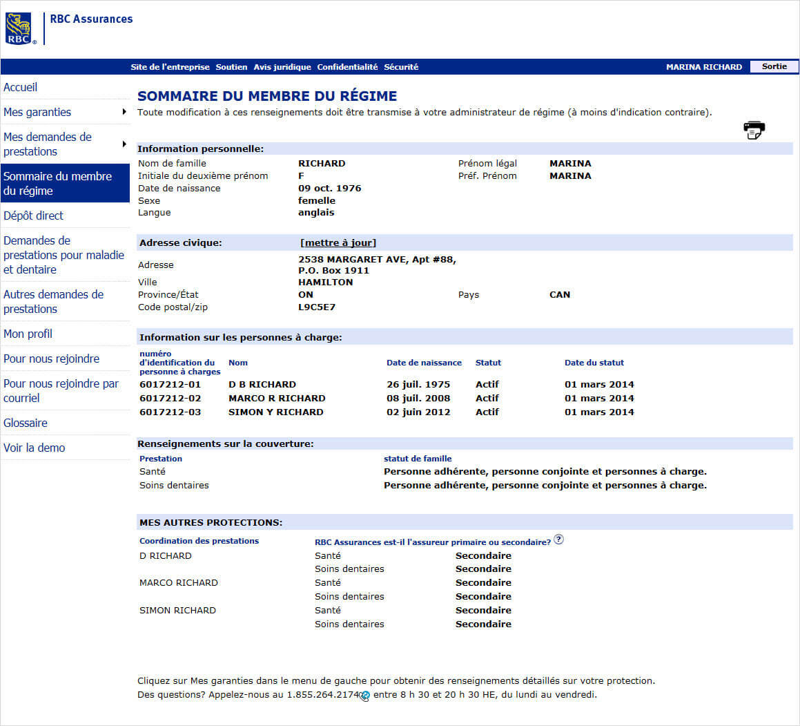 Exemple de capture d'écran de la page montrant vos informations personnelles, votre adresse postale, les personnes à charge, les informations de couverture et la couverture d'un autre assureur