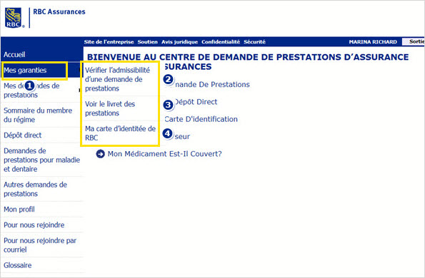 Exemple de capture d'écran montrant Mes garanties marquées 1, Admissibilité aux prestations marquée 2, Voir le livret d'assurance marqué 3 et Ma carte d'identité RBC marquée 4