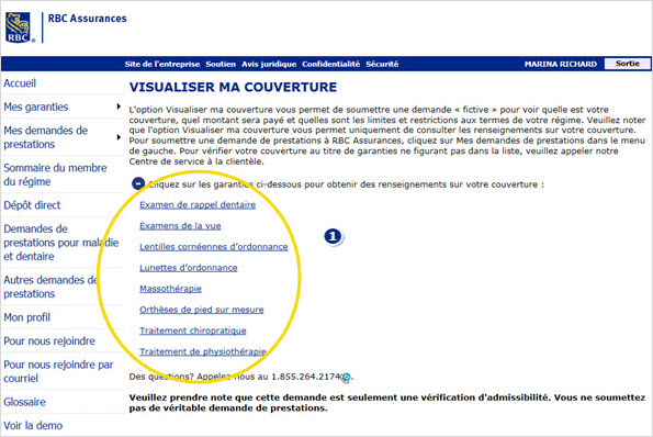 Exemple de capture d'écran montrant la liste du service qui vous intéresse marqué 1