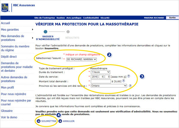Exemple de capture d'écran Sélectionnez ensuite la personne 2 sur laquelle vous souhaitez obtenir des renseignements concernant l’admissibilité et fournissez les renseignements demandés. 3 Cliquez sur Soumettre 4 pour afficher le sommaire complet de l’admissibilité de la personne en question.