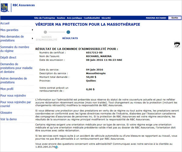 Exemple de capture d'écran Les renseignements sommaires sur l’admissibilité 5 seront affichés et une description détaillée sur la couverture du service sélectionné sera présentée, y compris les limitations de votre régime.