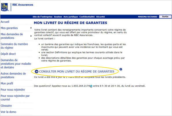 Exemple de capture d'écran indiquant où Consulter mon livret d’assurance est marqué 1