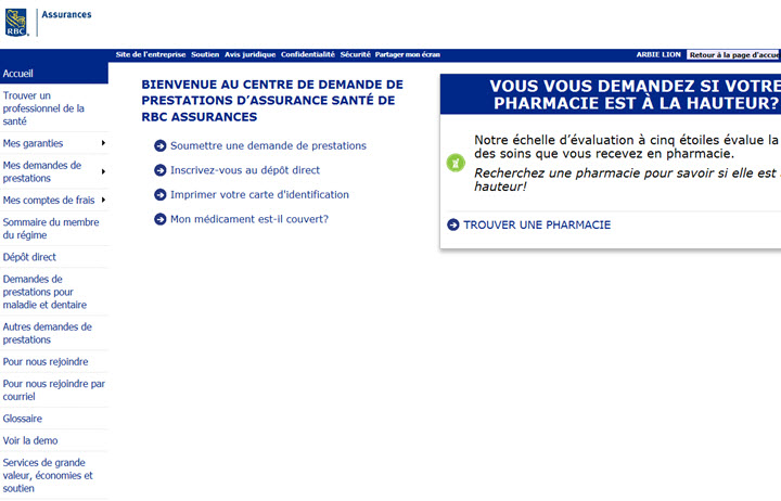 Exemple de capture d'écran du site Web d'adhésion au Régime d'assurance RBC.