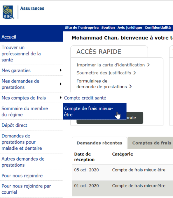 Exemple de capture d'écran de la page indiquant où se trouve le Compte crédit santé marqué 1
