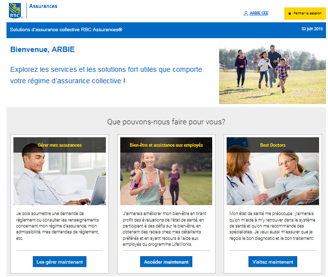 Exemple de capture d'écran de la page d'accueil indiquant l'emplacement de la vignette «Bien-être et aide aux employés».