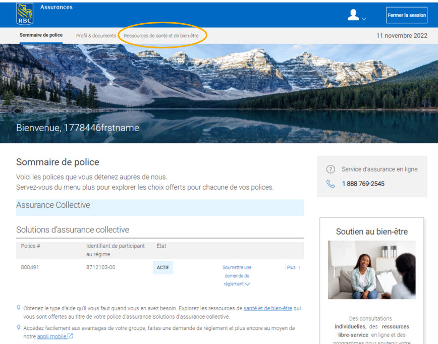 Exemple de capture d'écran de la page d'accueil indiquant l'emplacement de la vignette «Bien-être et aide aux employés».