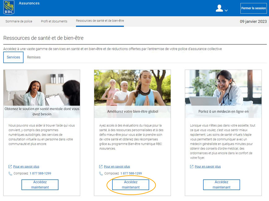 Exemple de capture d'écran de la page d'accueil indiquant l'emplacement de la vignette «Bien-être et aide aux employés».