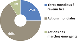 25% de titres à revenu fixe mondiaux, 66% d'actions mondiales, 9% d'actions des marchés émergents