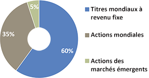 60% de titres à revenu fixe mondiaux, 35% d'actions mondiales. Actions, 5% Actions des marchés émergents