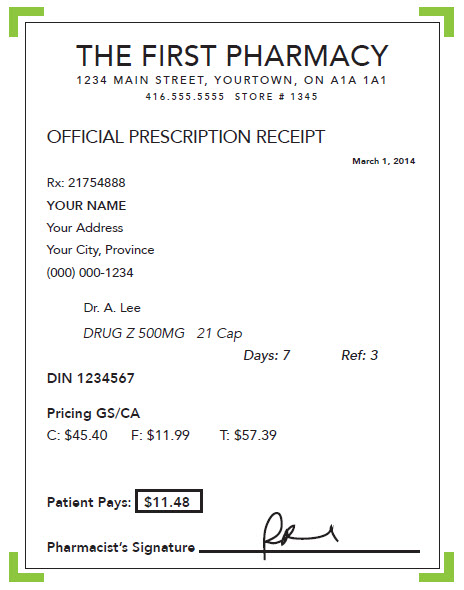 Example prescription drug receipt showing information such as the pharmacy details, the prescriber’s name (doctor), and the name of the drug.