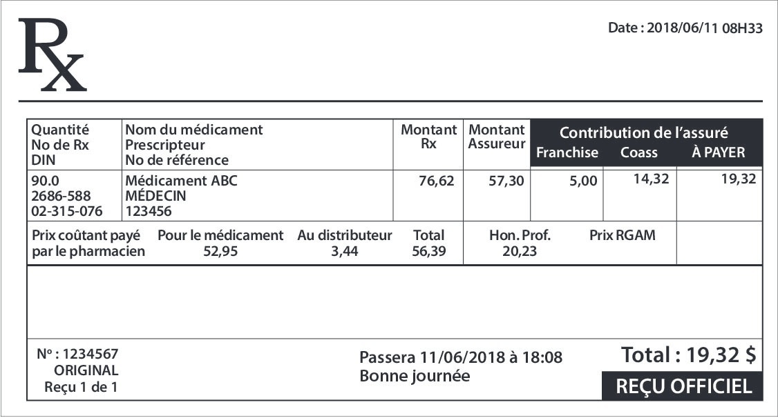 Image of receipt showing information such as pharmacy details, the prescriber names (doctor) and the name of the drug.