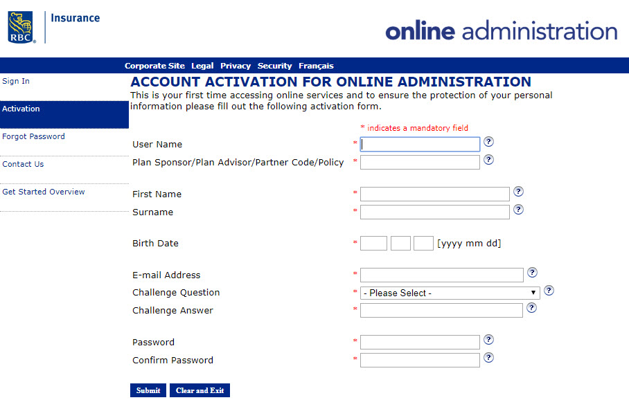 Sample screenshot image of Account Activation for Online Administration showing form to input User name, Plan Sponsor Code, Some personal details, A challenge question and answer, and password