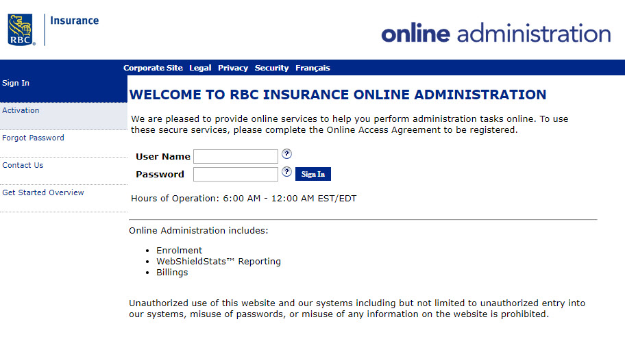 Sample screenshot image of Plan Administration log in page showing a form to input User Name and Password 