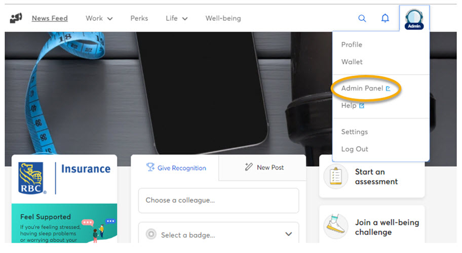 Sample screenshot of the Wellness Program Administration page indicating where the 'Admin Panel' is lcoated.