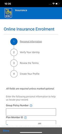 Step 1 of Online Insurance Enrolment: Personal Information screen 1
