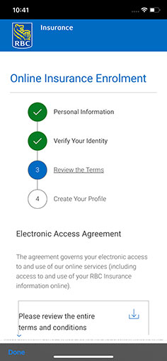 Step 3 of Online Insurance Enrolment: Review the Terms screen