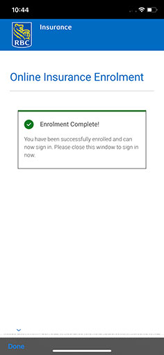 Completion of Online Insurance Enrolment: Enrolment Complete screen